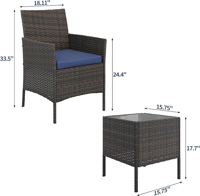 Garvee Patio Conversation Set 3 Piece, Brown Wicker Rattan Outdoor Furniture Set with Cushioned Chairs and Glass Top Coffee Table for Small Patio, Porch, Balcony, Backyard
