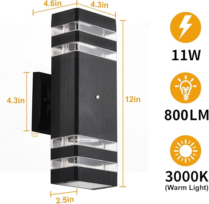 DASTOR Dusk to Dawn Outdoor Wall Light, 3000K Warm White Up and Down Light Outdoor Wall Sconce, Square Aluminum Exterior Light Fixture for Porch Patio Garage