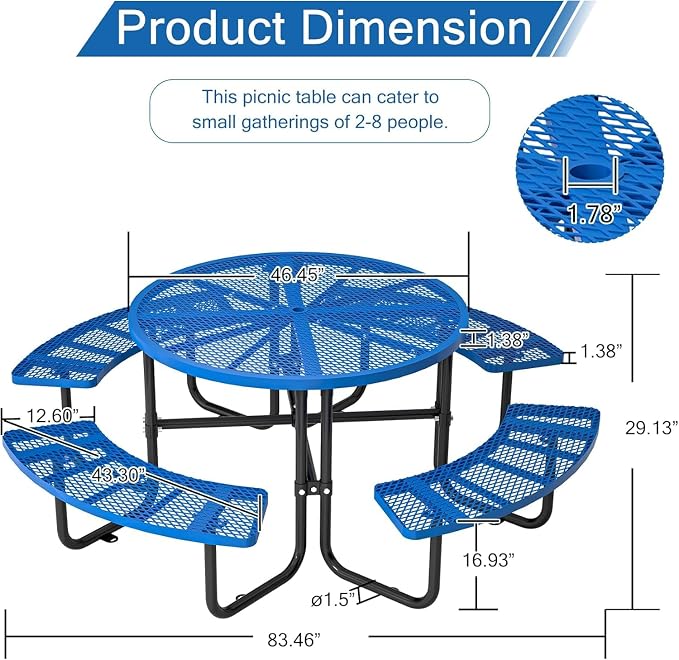46" Heavy-Duty Portable Picnic Table for 8 People, Expandable Outdoor Table with Umbrella Hole – Commercial Grade for Garden, Patio, BBQs & Camping.