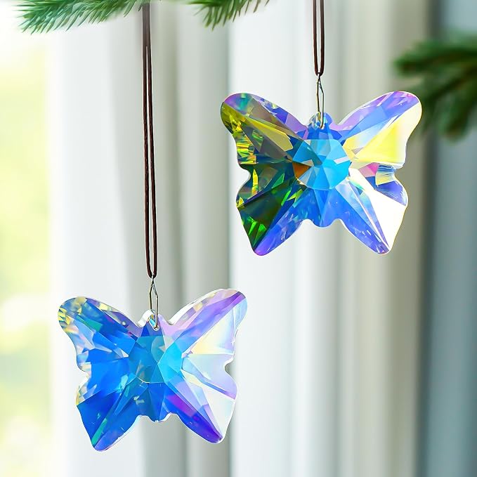 2 Pcs Crystal Butterfly Suncatcher Rainbow Maker Window Decor | 2.7 Inch Crystal Butterfly Sun Catchers Prisms Rainbow Maker Hanging Pendants for Window Garden Home Indoor Wedding Decor