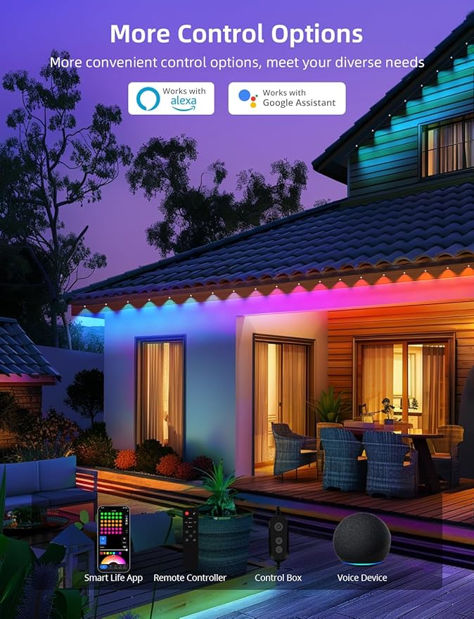 Permanent Outdoor Lights 50FT with 36 LEDs, Smart Eaves Lights RGBW | Waterproof Outdoor String Lights, 110+ Scene Modes, 40LM Warm White, for Daily/Holiday Decor, App/Voice/Remote Control, Black