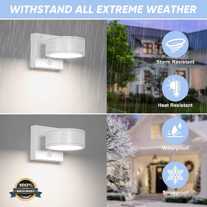 Motion Sensor Outdoor Lights with 3000K/4000K/5000K Adjustable, Aluminum White LED Outdoor Wall Sconce, Modern Outside Exterior Lighting Fixtures for Porch,House, Doorway, Garage,Front