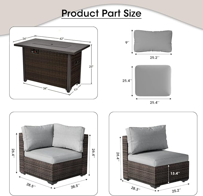 Patio Furniture Set with Fire Pit Table, Outdoor Sectional Rattan Sofa Set, Patio Set Seating Furniture with Thickened Cushions (Gray, 7 Pieces)
