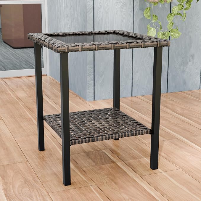 Canyon Ridge Outdoor Side Table, Tempered Glass Top Wicker Square Small End Table for Deck, Porch, Balcony, Garden and Backyard, Brown