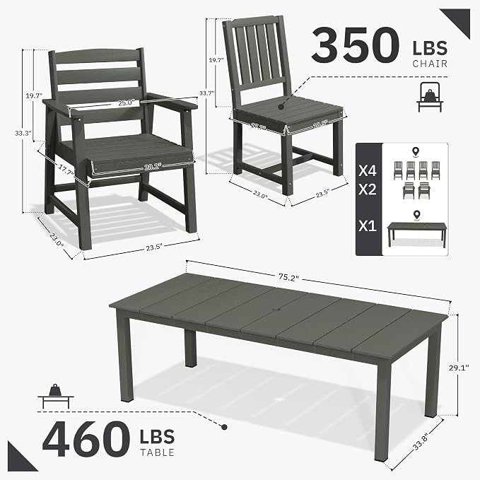 AreShark 7-Piece Outdoor Dining Set,HDPE Patio Table with 6 Chairs,All-Weather Patio Furniture Set with Umbrella Hole,Low Maintenance Wood Grain Dining Set for Backyard,Garden,Poolside,Gray