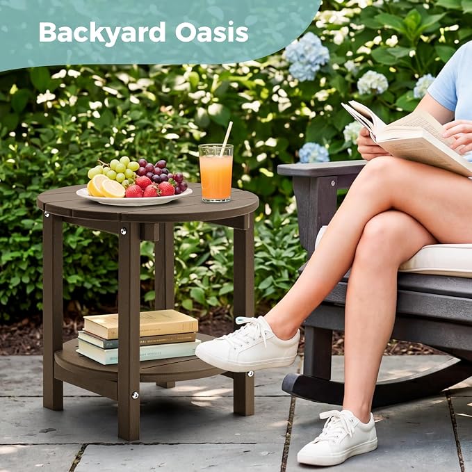 Outdoor Side Table, Adirondack Round 2-Tier Patio Table, Easy Maintenance & Weather Resistant, HDPE End Table for Backyard, Pool, Patio, Porch, Brown