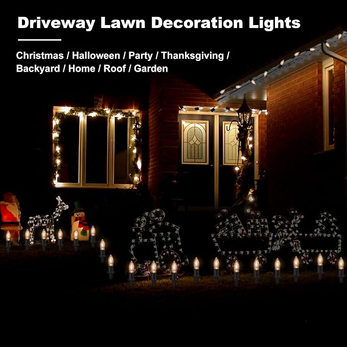 TIORIY Christmas Pathway LED Lights Outdoor, 20 Lights C9 Walkway Lights with Stakes, 24.2ft Clear Driveway Christmas Lights for Pathway, Warm White, Extendable for Outdoor Decorations