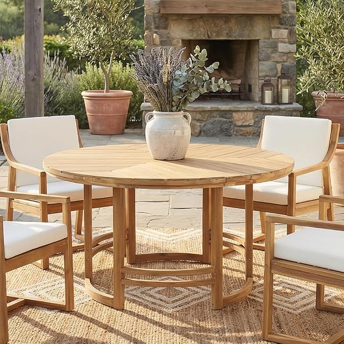 WILLIAMSPACE 59.1" Round Acacia Wood Outdoor Patio Table with Umbrella Hole, Light Teak