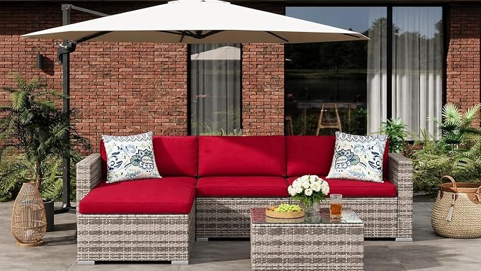 GarveeHome 5 Pieces Patio Sectional Furniture Set, All Weather Wicker Rattan Sectional Sofa, Patio Conversation Set with Cushions and Glass Coffee Table for Backyard Porch Garden Balcony, Red