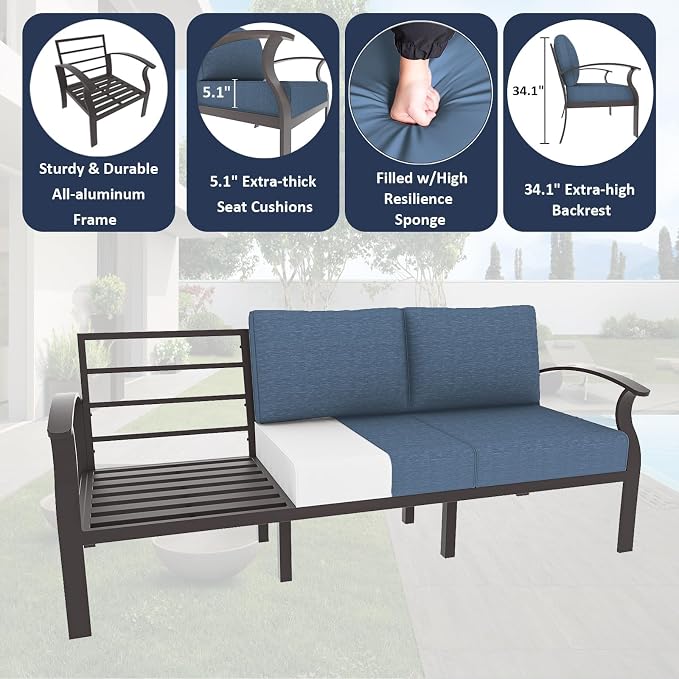 ALAULM Aluminum Patio Furniture Set with Coffee Table Rectangular, 5-seat Outdoor Sectional Furniture w/2 Swivel Chairs, Patio Conversation Set for Porch, Backyard, Poolside-Grey