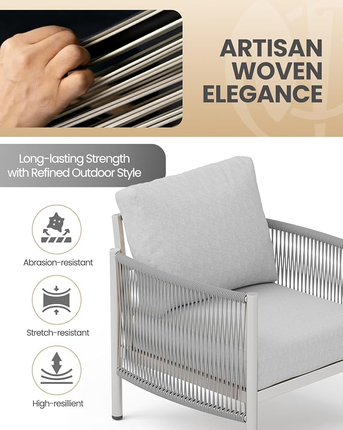 Aluminum Patio Furniture Set, 7 Seats Modern Outdoor Sectional Furniture with PE Rope & Dual-Layer Coffee Table, Luxury Patio Conversation Sets with 6" Cushions for Backyard/Garden, Silver