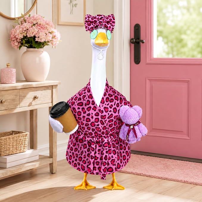 Celltestria Lady Goose Outfits for 23" Geese Bathrobe Rose Pink Leopard Porch Goose Costume Coffee Cup Bear Cucumber Eye Mask Goose Clothes for Outdoor Patio Yard Lawn Garden Decoration