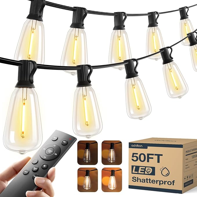 addlon 50FT Outdoor String Lights ST38 LED with Remote Waterproof Dimmable | Shatterproof Replaceable Bulbs, Connectable Hanging Strand for Porch Backyard Patio Garden Deck Outside, Timer,3 Modes