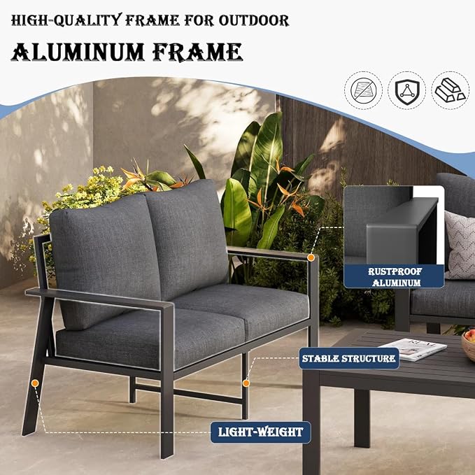 Outdoor Loveseat Aluminum Patio Sofa for Small Space Weather-Resistant Patio Furniture with 4" Cushion for Garden, Porch, Poolside