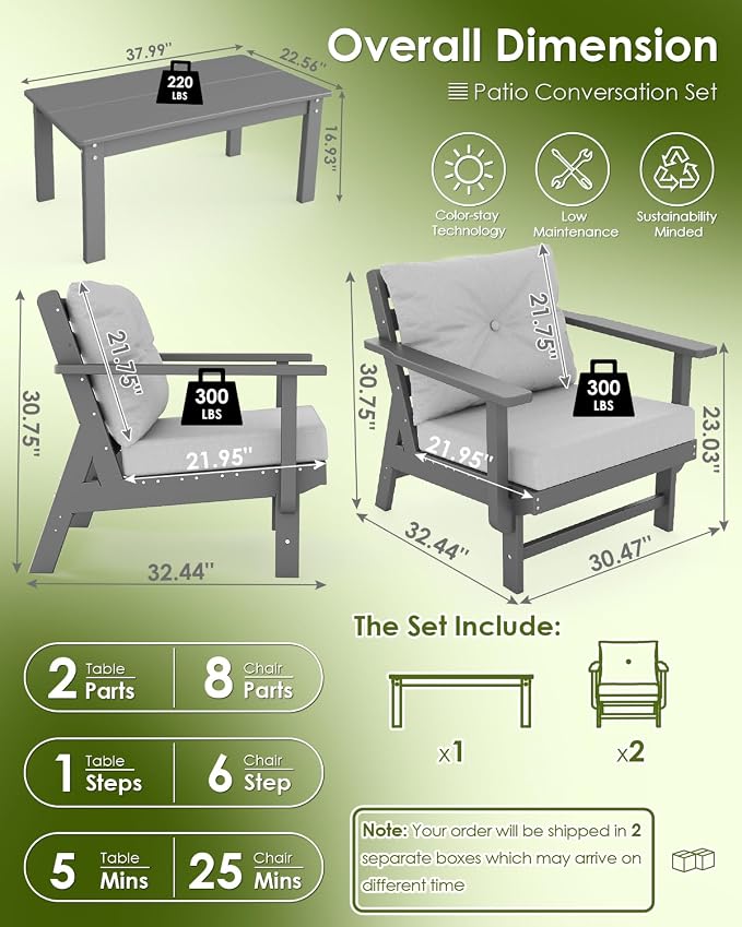 GREENVINES 3-Piece-Patio-Furniture-Set | HDPE Plastic | Outdoor Sectional Conversation Sets | All-Weather Couch | Sofa with Coffee Table | Detachable Armrests | for Deck Lawn | Gray