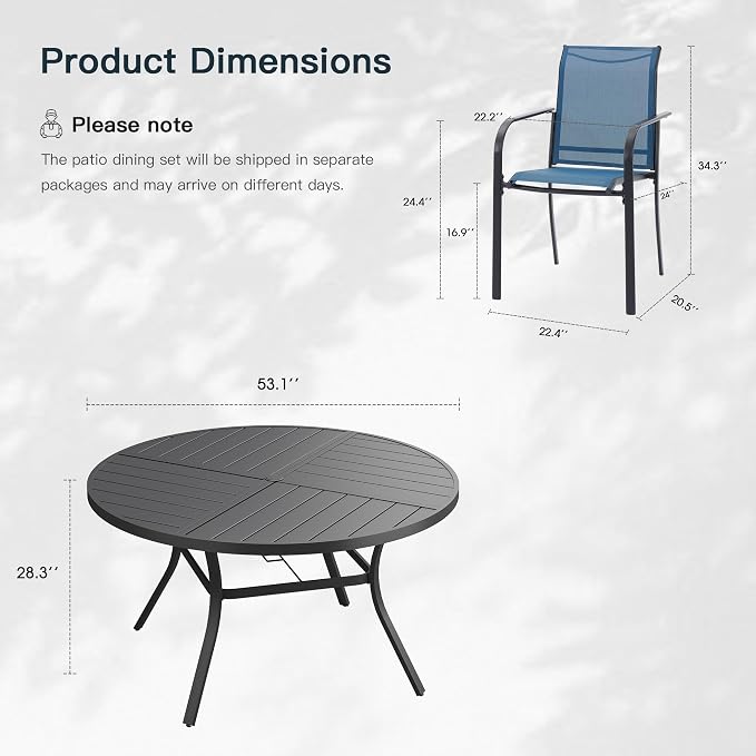 VICLLAX 9 Pieces Patio Outdoor Dining Set, 53" Round Metal Table with Umbrella Hole and 8 Stackable Textilene Chairs for Patio, Lawn, Garden, Porch, Black/Dark Blue