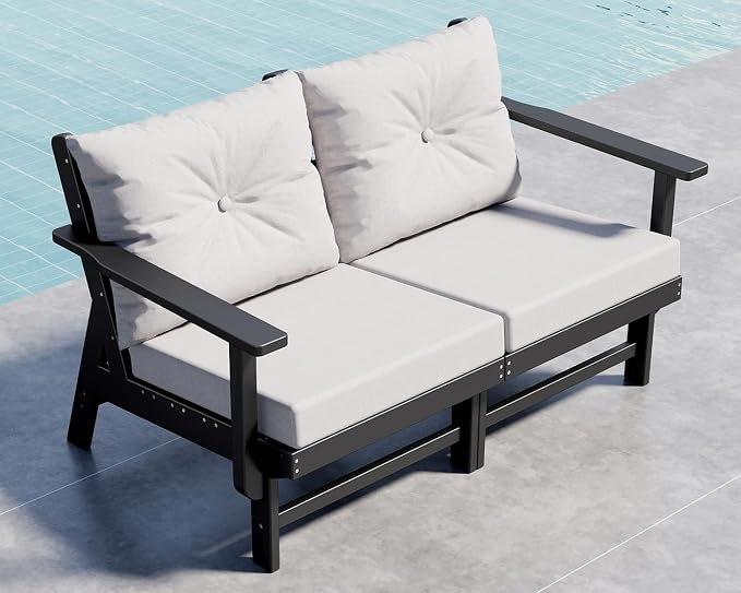 GREENVINES Outdoor-Loveseat | HDPE Plastic | Patio Furniture | All Weather Couch | Sofa with Detachable Armrests | for Porch Deck Lawn | Black Frame Light Gray Cushion