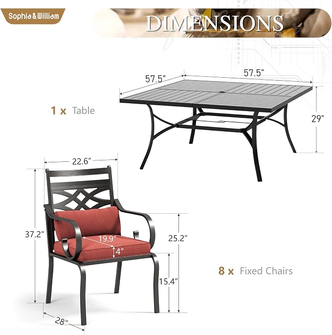 Sophia & William Patio Dining Set, Steel, Black | Umbrella Hole, E-Coated, Cushions Included, For Patio, Garden and Yard