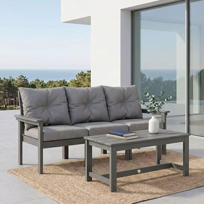 HDPE 3 Piece Patio Furniture Set, All-Weather Outdoor Couch Set with Thick Cushions, Patio Conversation Sets for Lawn, Garden, Porch, Deck, Balcony, Poolside, Grey Frame Grey Cushion