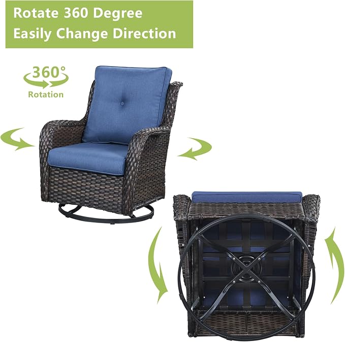 Rilyson Wicker Patio Furniture Set - 6 PC Rattan Outdoor Sectional Conversation Sets with 2 Rocking Swivel Chairs,2 Ottomans,1 Sofa and 1 Loveseat for Porch Deck Garden(Brown/Blue)