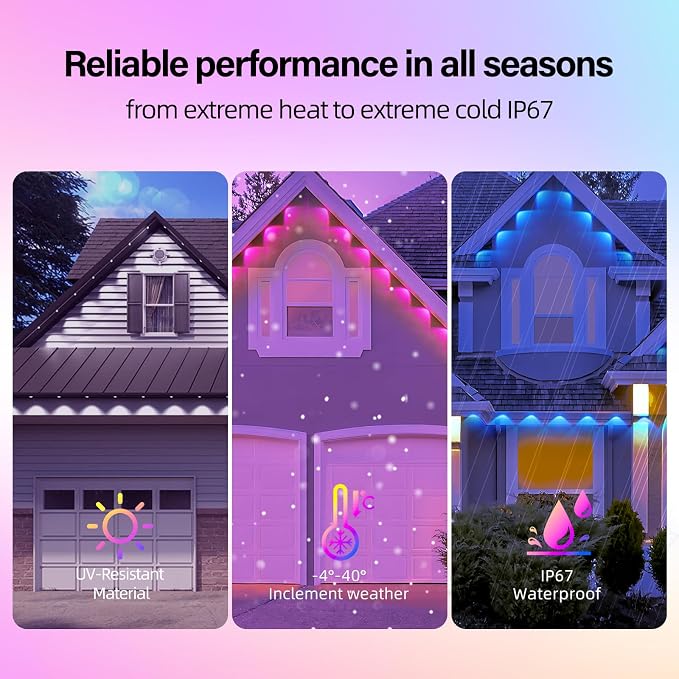 AHAWILL IP67 Permanent Outdoor RGB Lights for Halloween Decor(100ft) | Waterproof outdoor string eaves lights with remote&APP, 100ft 48led,Accent Lighting for Christmas Decor