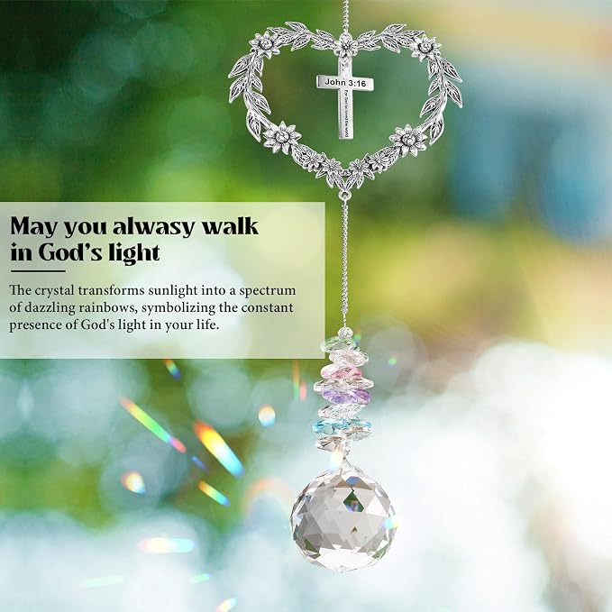 Christian Gifts for Women, Religious Suncatcher for Birthday Friendship | Catholic Baptism Gift, John 3:16 Crystal Ornament with Cross, Bible Verse Indoor Window Decor Spiritual Suncatcher