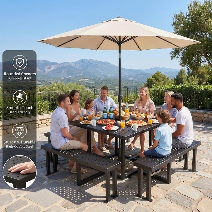 DWVO 38" Square Metal Picnic Table with Umbrella Hole - Heavy Duty Q235 Carbon Steel Outdoor Table Set for Patio, Backyard, and Lawn - Industrial Steel Construction