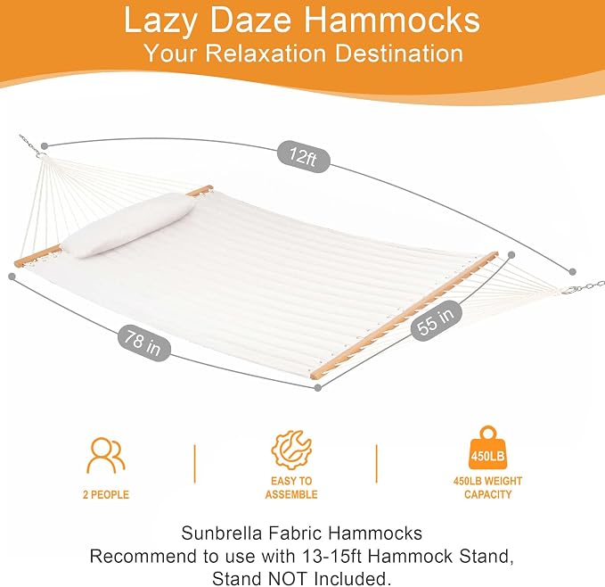 Lazy Daze Hammocks 12 FT Sunbrella Fabric Quilted Hammock Double Sunbrella Quilted Hammock with Spreader Bars & Pillow, All Weather and Fade Resistant for Outdoor, 450 lbs Capacity, Cast Pumice