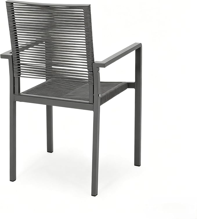 7 Piece Dining Table Set for 6, Aluminum Frame with Ultra Breathable Hollow Woven Rope Armchairs, Wood-Like Tabletop, for Dining Room, Kitchen, Garden, Backyard, Deck & Poolside,Gray