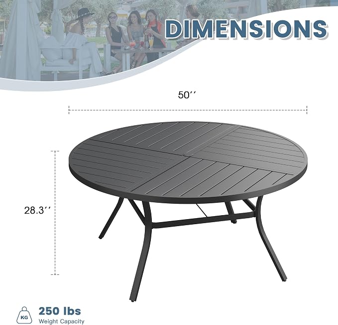 DIFY 50" Round Outdoor Patio Dining Table for 6, All-Weather Metal Steel Slatted Patio Table with 1.57" Adjustable Umbrella Hole, for Lawn Garden Porch Backyard, Black