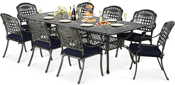 9-Piece Patio Cast Aluminum Dining Set, Outdoor Table and Chairs Set for 8, Includes 94.5" Rectangular Dining Table and 8 Cushioned Chairs with Umbrella Hole for Lawn Garden, Navy Blue