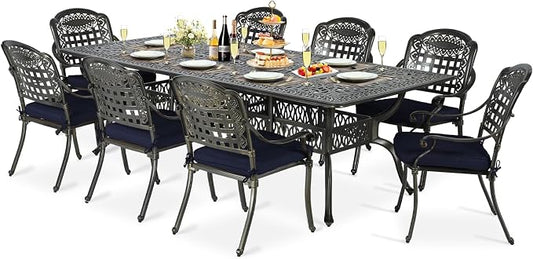 9-Piece Patio Cast Aluminum Dining Set, Outdoor Table and Chairs Set for 8, Includes 94.5" Rectangular Dining Table and 8 Cushioned Chairs with Umbrella Hole for Lawn Garden, Navy Blue