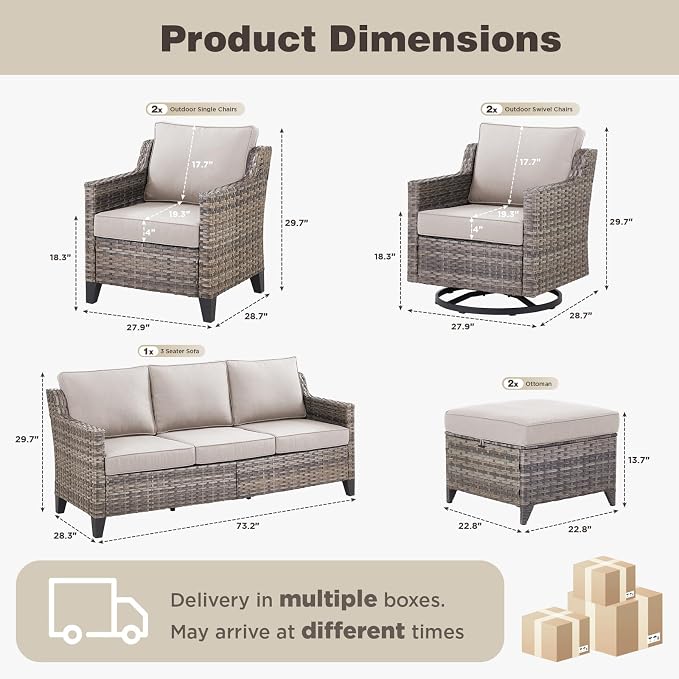Belord Patio Wicker Swivel Rocker Patio Chairs with 3-Seater Sofa, Outdoor Rattan Chairs for Deck Porch Poolside, 7 Piece Patio Conversation Furniture Set,Beige
