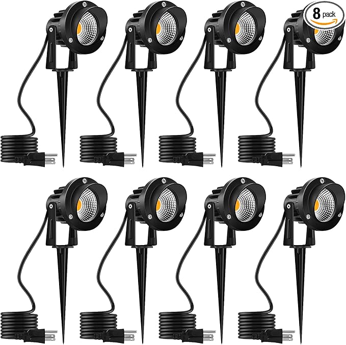 Romwish 10W Landscape Lighting, 120V Plug-in Outdoor Spotlights, 8 Pack | 3000K Warm White, 1100LM Bright LED, IP65 Waterproof, 120V Plug and Play, Adjustable 270° Beam for Yard Garden Lawn Tree