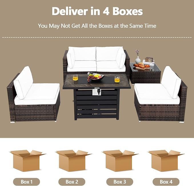 Tangkula 6-Piece Patio Furniture Set with 42 Inches Propane Fire Pit Table, Outdoor Wicker Conversation Set with Cushions and Tempered Glass Coffee Table, 50,000 BTU Gas Fire Pit Table (Navy)