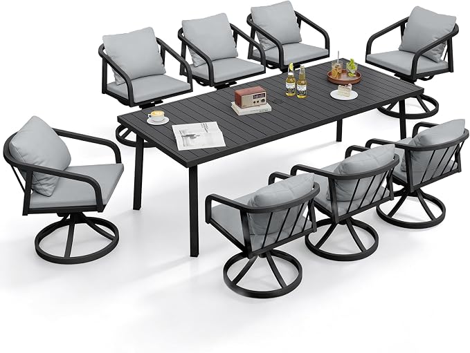 9-Piece Outdoor Dining Set with 8 Swivel Chairs, Never-Rust Aluminum Patio Dining Set, Patio Swivel Dining Set with Wraparound Seating, Outdoor Furniture Set for Backyard, Lawn, Deck, Black
