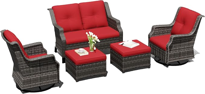 Outdoor Patio Furniture Set, 5 Piece Wicker Patio Furniture with Thick Cushions, Curved Armrest, Deep Seating, Outdoor Swivel Rocker Chairs for Porch, Deck, Balcony