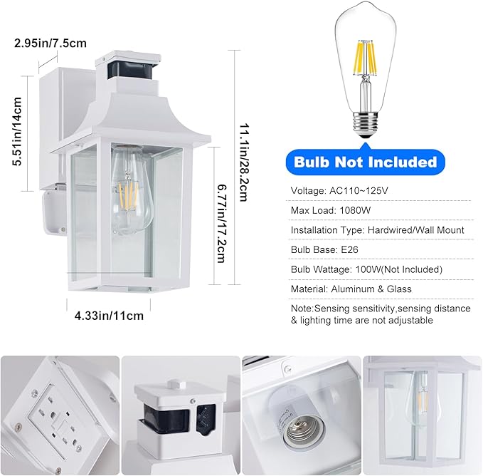 White Porch Light with GFCI Outlet & Motion Sensor,Dusk to Dawn Porch Light | 3 Lighting Modes Outdoor Wall Lights, Waterproof Aluminum Exterior Light Fixture for Front Door, Garage, Patio(1-Pack)