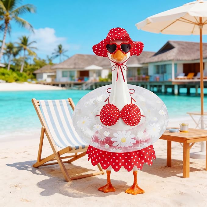 hoyuwak Bikini Goose Outfits Summer Hawaiian Porch Goose Outfits with Swimming Ring Sunglasses Hat for 23" Geese Yard Decor