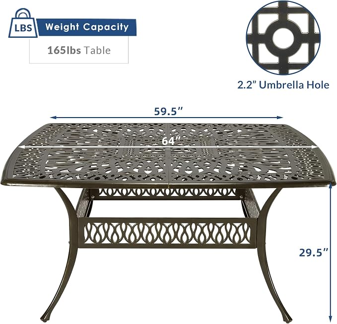 64" Large Outdoor Dining Table with 2.2" Umbrella Hole, Cast Aluminum Outdoor Patio Dining Table for 8 Person, All Weather Large Square Patio Table for Garden Lawn Backyard, Dark Bronze