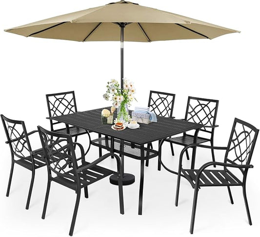 7 Piece Outdoor Patio Dining Set with Umbrella, Patio Metal Furniture Set Outdoor Rectangular Dining Table with 9 FT Patio Umbrella & Stackable Backyard Garden Chairs