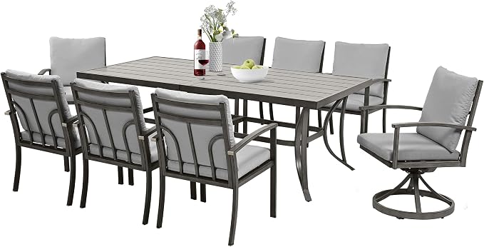 HAPPATIO 9-Piece Patio Outdoor Dining Set - All Aluminum Patio Table and Chairs Set for 8 Includes 1 Rectangular Table, 6 Dining Chairs, and 2 Swivel Chairs with Cushions for Lawn, Garden