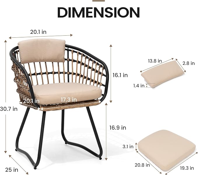 Pellebant 2-piece Outdoor Dining Set for 2 Person - Weather-Resistant Patio Dining Furniture Set, Wicker Chair with Cushion for Deck, Porch, Backyard, Bei