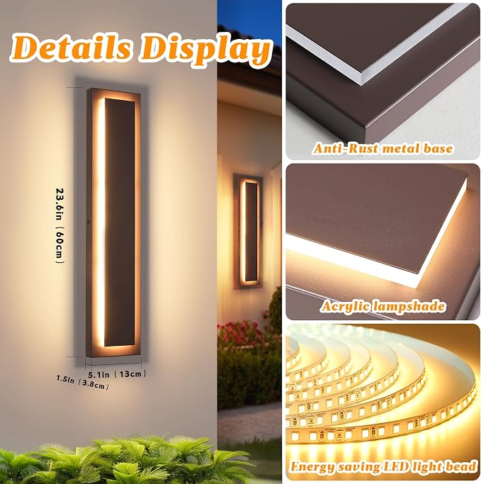 24 in Brown Long Outdoor Wall Lights, Modern Exterior Wall Light | Waterproof Outdoor Wall Sconce,Outside Light Fixtures For Garage House,Patio,Front Porch,LED 24W 3000K Warm White, 2 Packs