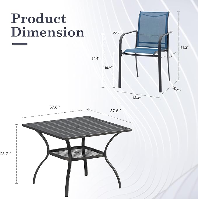 5 Pieces Outdoor Dining Set, Stackable Textilene Paito Chairs & 37.8" Square Dining Table with Umbrella Hole and Shelf, Patio Dining Set for Backyard, Deck, Garden, Dark Blue & Black