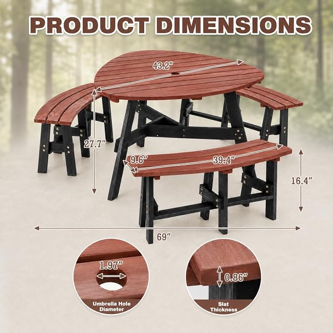 6-Person Round-Style Outdoor Picnic Table with Umbrella Hole, Curved-Edge Patio Dining Table with 3 Attached Benches, Backyard Picnic Table Set for Garden, Deck, Lawn & Camping, Brown & Black