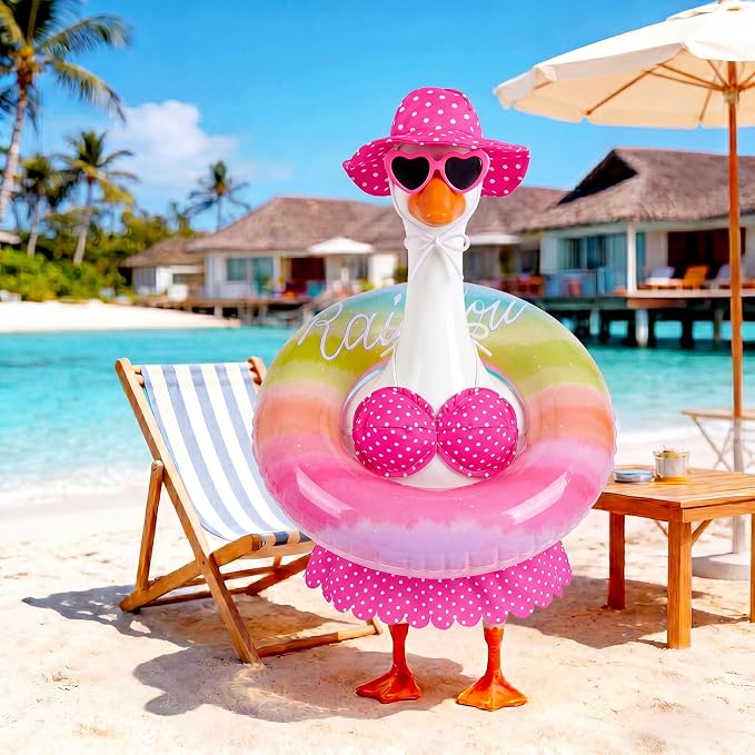 hoyuwak Bikini Goose Outfits Summer Hawaiian Porch Goose Outfits with Swimming Ring Sunglasses Hat for 23" Geese Yard Decor