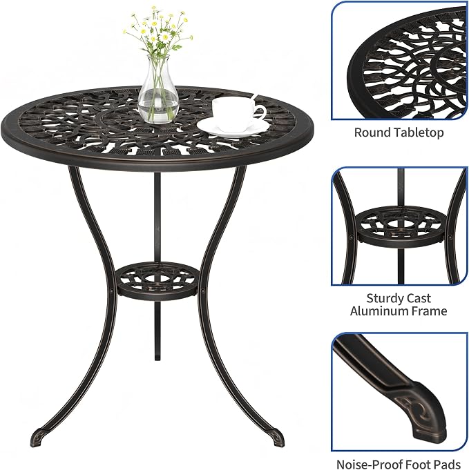 Garvee 23" Round Patio Dining Table with Umbrella Hole,Antique Cast Aluminum Outdoor Bistro Table,Umbrella Table,Side Table,End Table,Outdoor Furniture for Backyard,Garden,Patio,Porch,Bronze