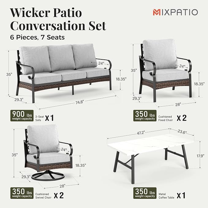 MIXPATIO Patio Furniture Set with Coffee Table, Outdoor Conversation Set with 2 x Fixed Chairs, 2 x Swivel Chairs, 1 x 3-Seat Sofa for Lawn Garden Backyard, Light Grey