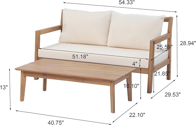 Christopher Knight Home Pablo 4-Seater Patio Furniture Set with Removable Cushion, 4 Piece Outdoor Acacia Wood Conversation Set, Wooden Outdoor Sectional Sofa Set with Coffee Table,Light Teak+Beige